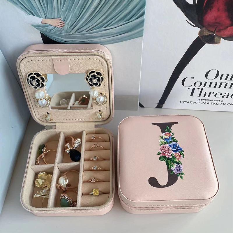 PU Leather Jewelry Box Mirror Storage Box 26 Letter Printed Portable Jewelry Organizer Earring Ring Necklace Case