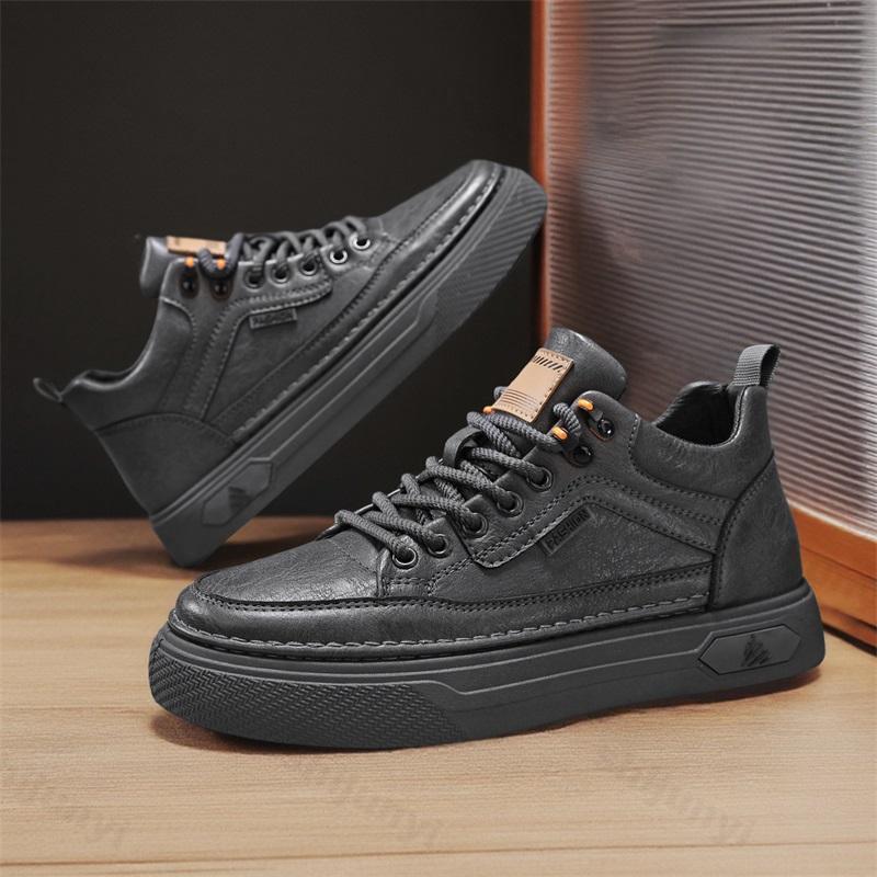 Men's Casual Leather Shoes 2026 Autumn New Non Slip High Top Vintage Workwear Boots Lace Up Height Increase Comfort Board Shoes