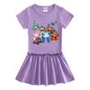 Summer Cartoon Raglan Color Block Short Sleeve Pleated Dress for Girls