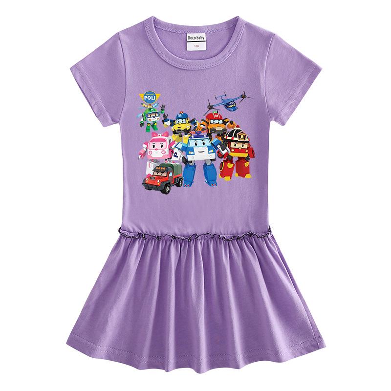 Summer Cartoon Raglan Color Block Short Sleeve Pleated Dress for Girls