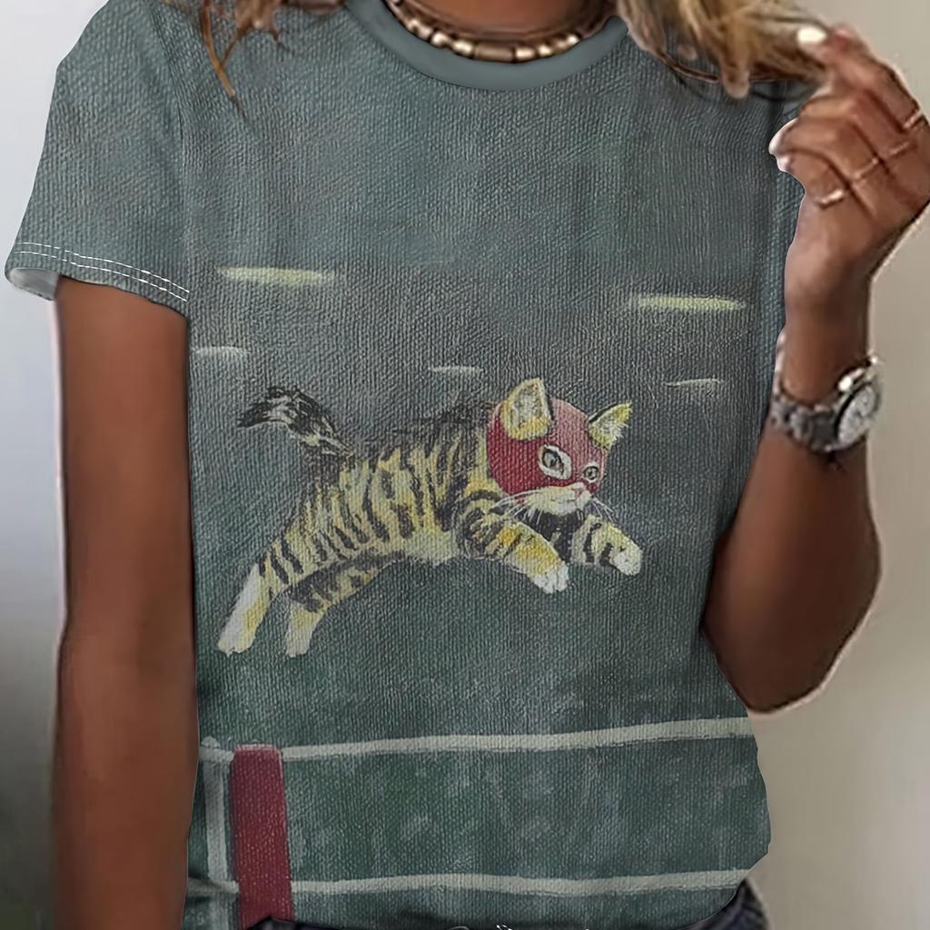 1pc Women'S Casual Superhero Cat Print Short Sleeve T-Shirt, Crew Neck, Polyester Knit Fabric Spring Summer