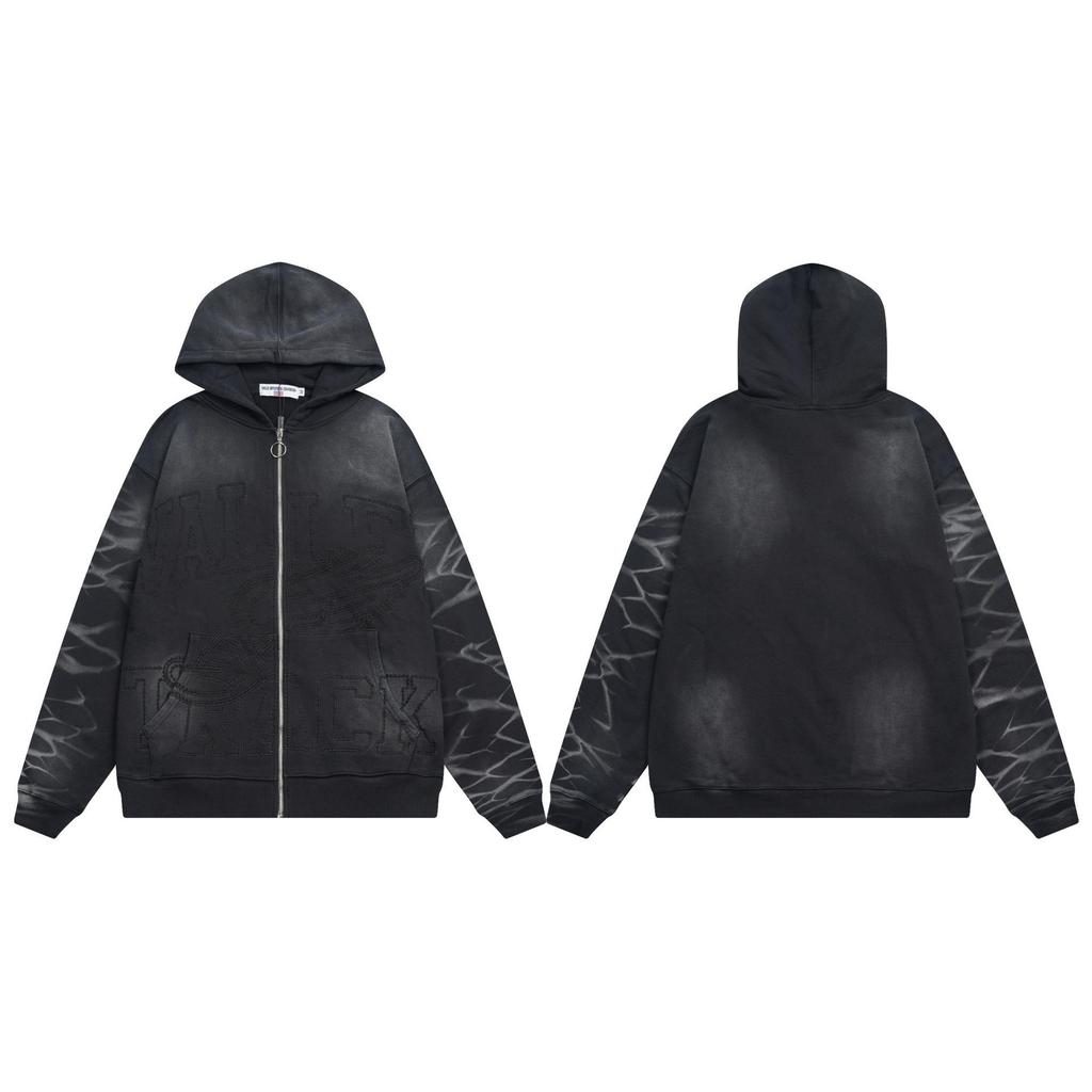 Trendy American Street Style Retro Distressed Letter Print Zipper Hooded Sweatshirt