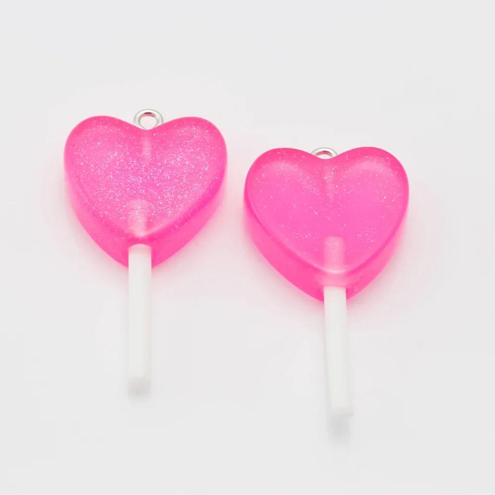 10 Stück Glitzer-Herz-Form Lutscher Harz-Anhänger Niedliche Süßigkeiten-Charms für Schmuckherstellung Zubehör DIY Ohrringe Schlüsselanhänger Zubehör