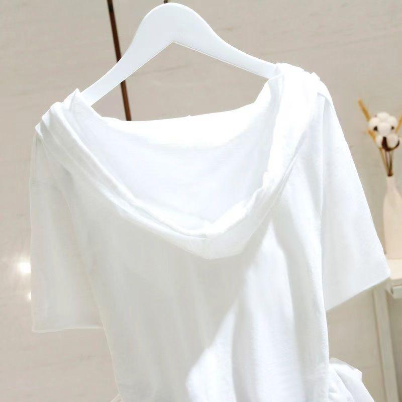 Korean Style Women's White Short-Sleeve Hooded T-Shirt - Summer 2026 Fashion, Loose, Slimming, Casual Plus Size.