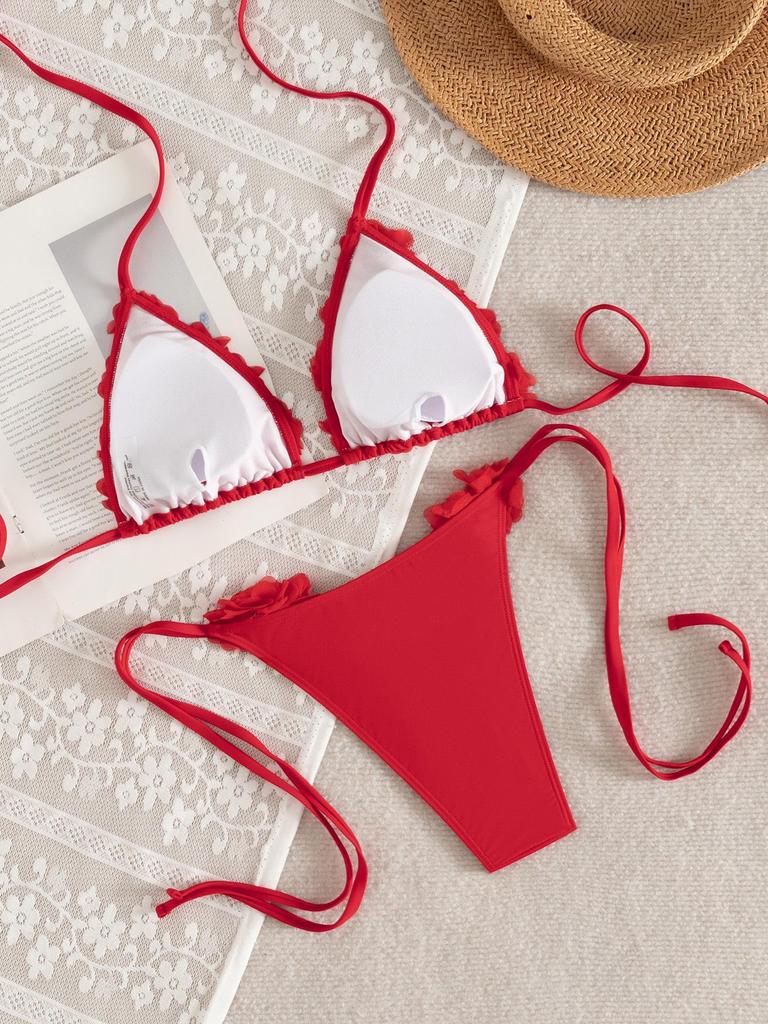 2026 European & American Halter Red Triangle Bikini - Women's Sexy Strappy Swimwear