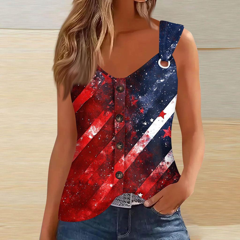Women's Fashion Casual Loose Sleeveless Buttoned V-Neck Independence Day Printed T-Shirt Top
