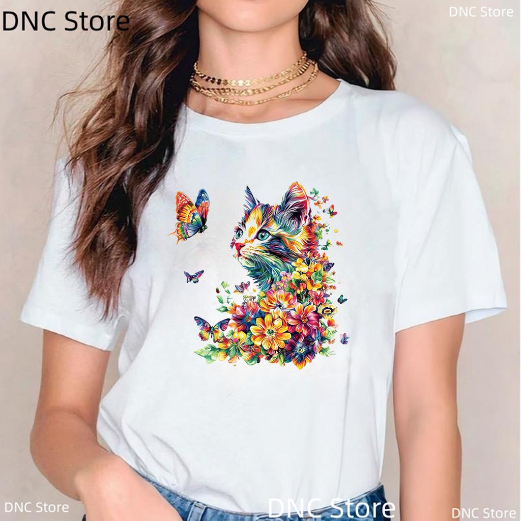 New Women'S Tshirt Funny Watercolor Butterfly Cat Animal Print Tshirt Girls Fashion Summer Female Tshirt White Short Sleeved Top