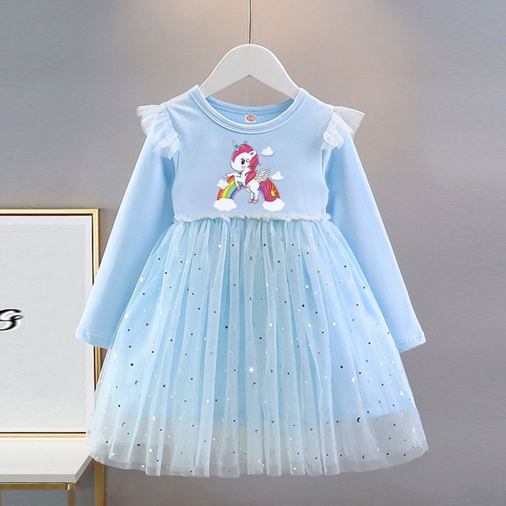 Dziewczęca Sukienka Jednorożec Wiosna/Jesień Dziecięca Sukienka Księżniczki z Długim Rękawem i Tiulem