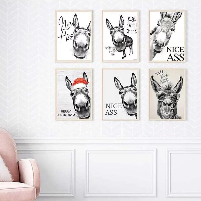 Vintage Donkey Poster and Prints, Nice Ass Quote, Funny Sign Canvas Painting, Wall Art for Toilet Decoration Home Decoration Painting Canvas Painting