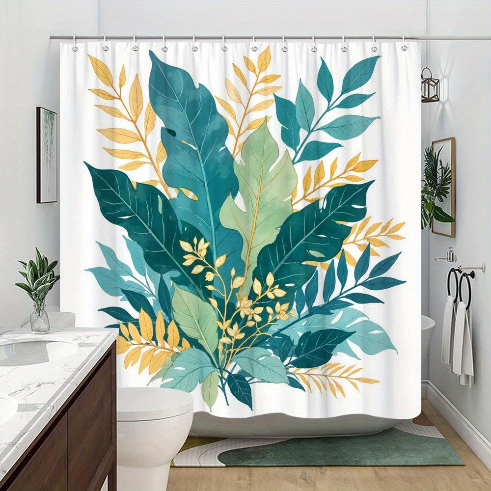 1pc Tropical Leaves Polyester Shower Curtain, Stylish Home Bathroom Decor, Dark Green, Yellow and Light Green Leaves with Hook
