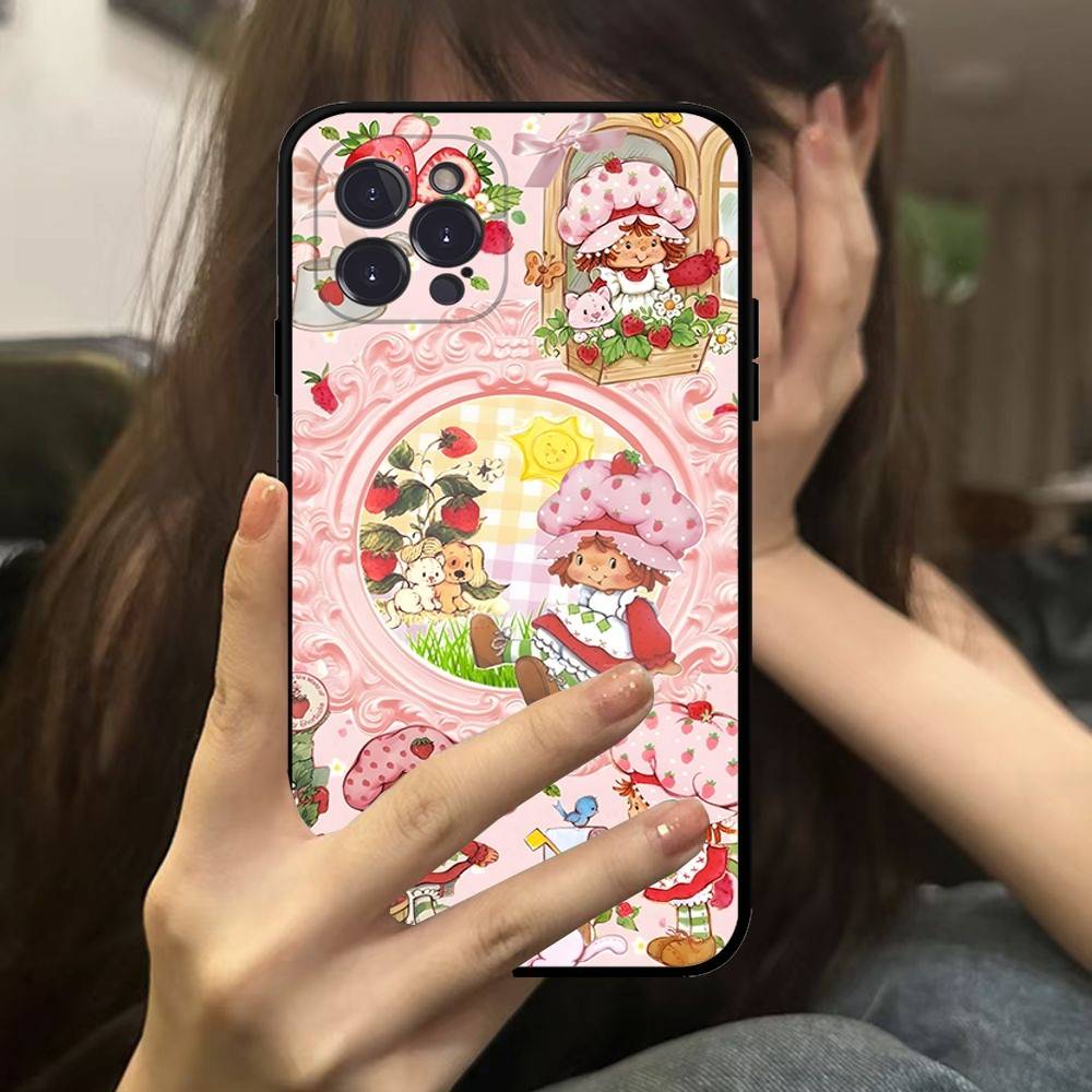 Cartoon Girl S-Strawberry S-Shortcake Phone Case For IPhone 16 Pro Max 15 17 Plus 14 13 12 Mini 11 Black Cover