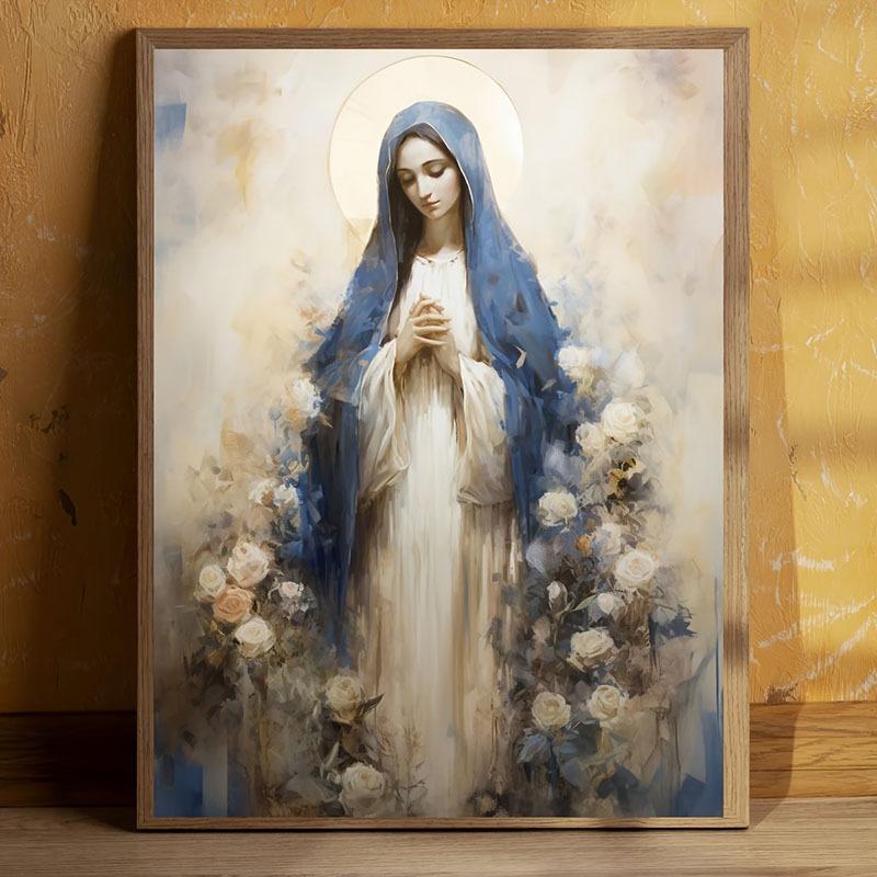 1 peça Vintage Virgem Maria e Jesus Tela Pôster Fé Cristã Arte de Parede para Casa, Decoração Vintage para Sala de Estar Cozinha Banheiro