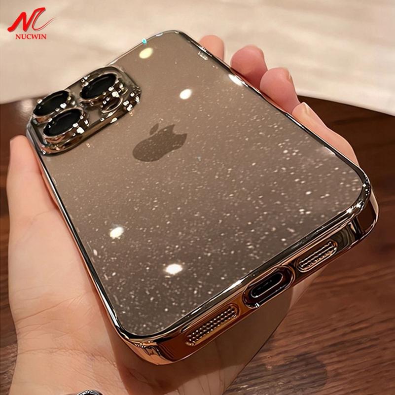 Capa de Luxo Glitter Transparente PC Banhada para iPhone 16 15 14 Pro Max Plus 13 11 12 Bling Clara À Prova de Choque Ultrafina