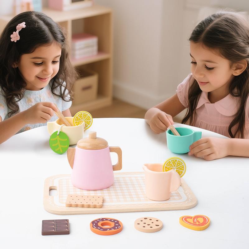 Tea Sets for Toddlers Wooden Play House Pretend Food Toy Sets for Kids Kitchen Accessories, Party Role Playing Toys Girls Gift