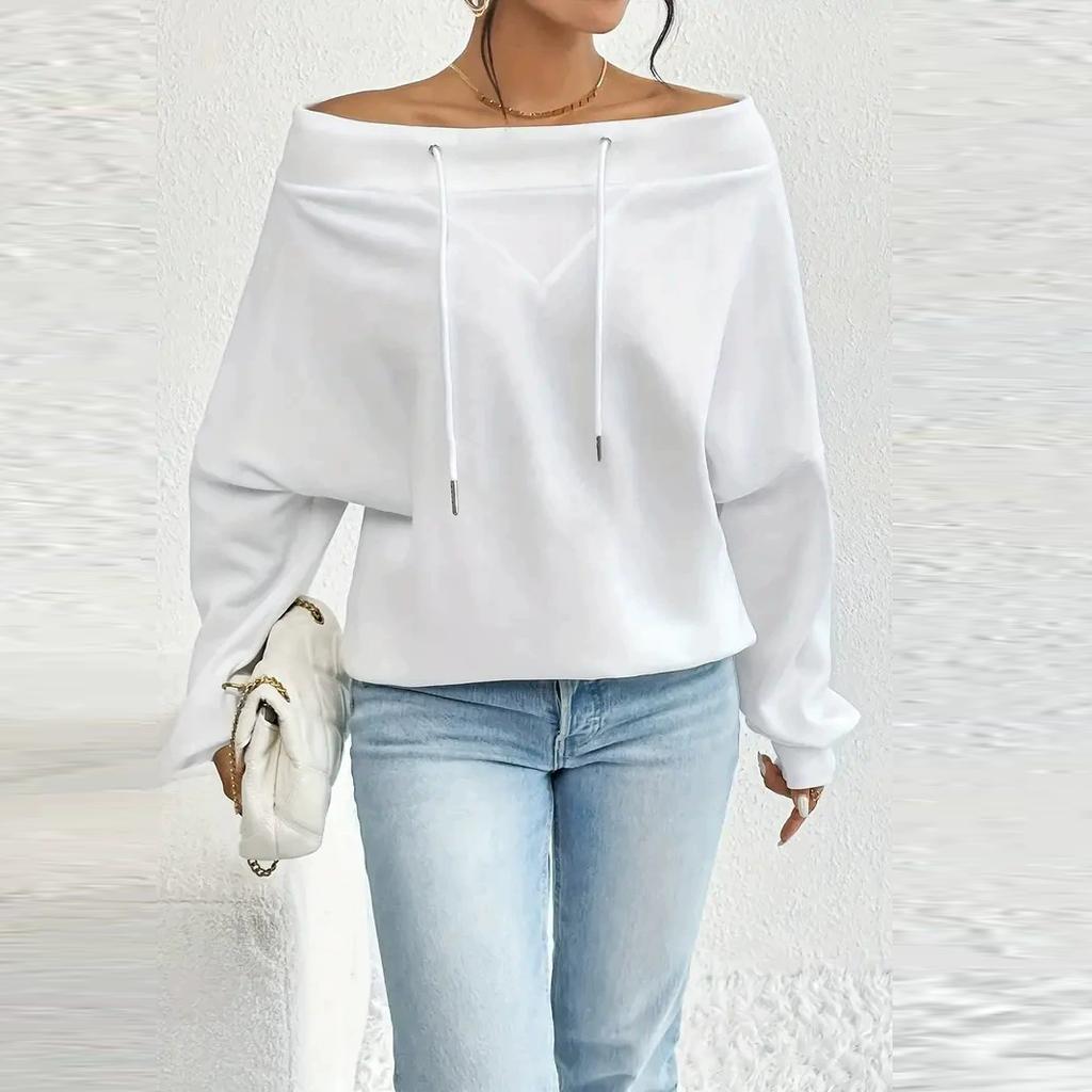 Fashion Women’S Solid Color Off Shoulder One Collar Tops Long Sleeve Casual Trendy Loose Drawstring Pullover Sweatshirts Female