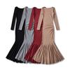 Womens Long Sleeve Square Neck Cotton Midi Dress High Waist Fishtail Skirt Sweet Chic Slim Fit