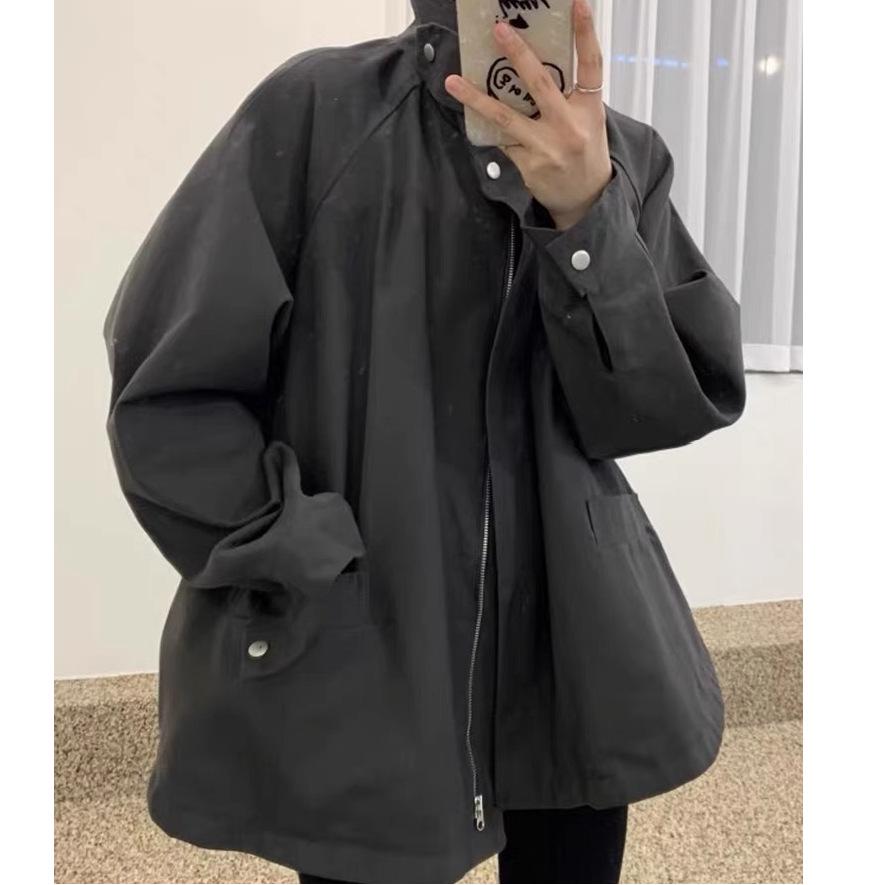 Women's Korean Autumn Retro Stand-Up Collar Cape Trench Coat with Large Pockets