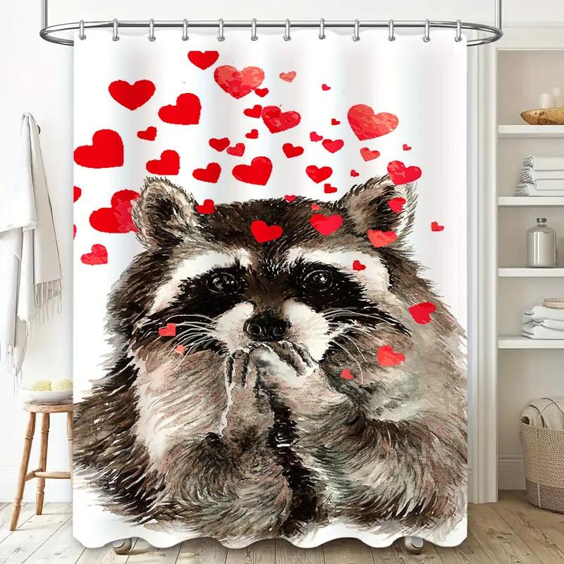 Watercolor Animal Print Shower Curtain Red Heart Sticker Design For Bathroom Decorations High-Quality Fabric Water Repellent