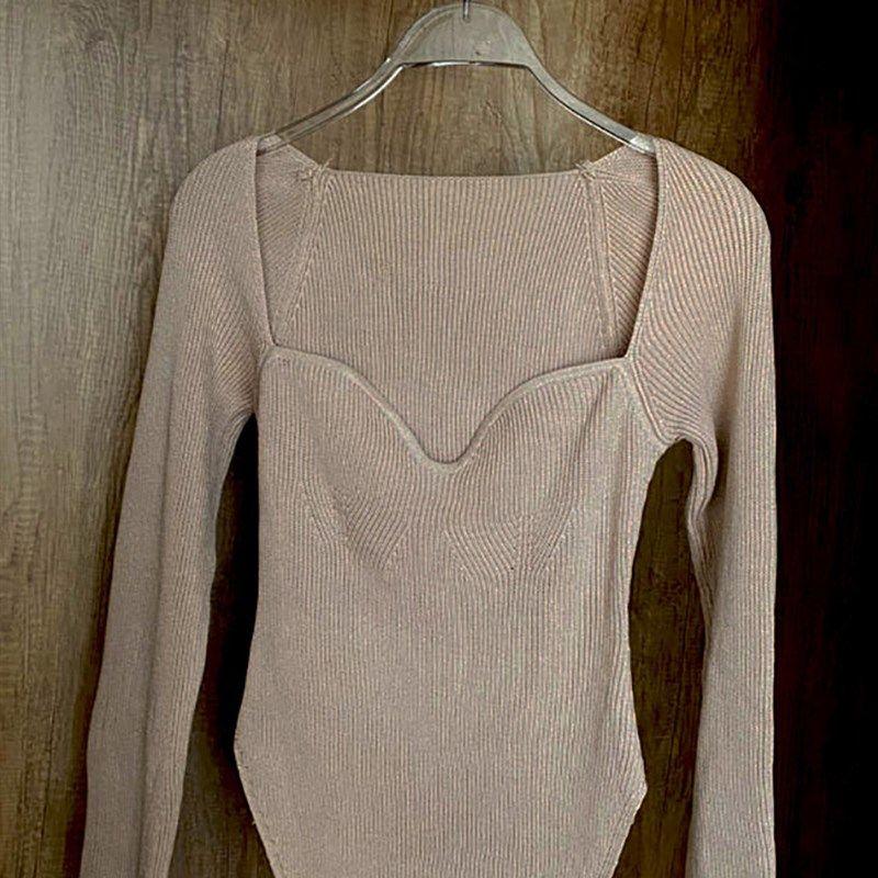 Square Collar Long Sleeve Woman Sweaters Knitted Pullover Wo
