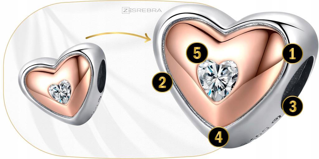 Heart Charms Rose S925 Pendant Cubic Zirconia Crystal Beads Plated