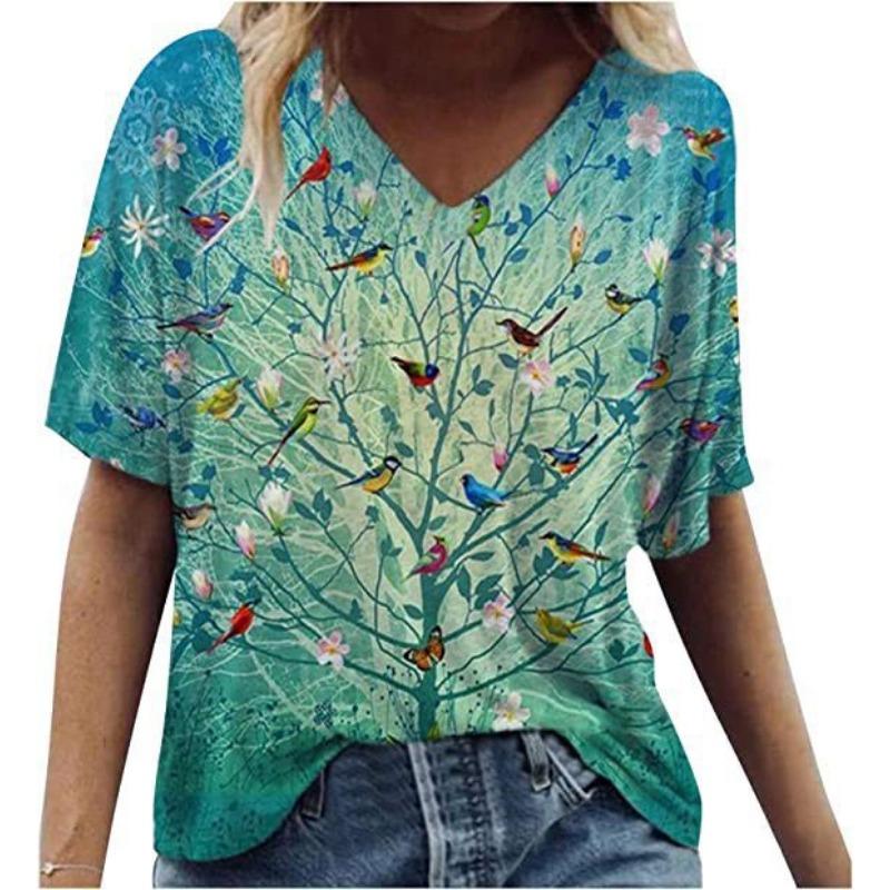 Summer V-neck 3D Feather Flower Printed Top Fashionable Casual Short Sleeved Women's T-shirts