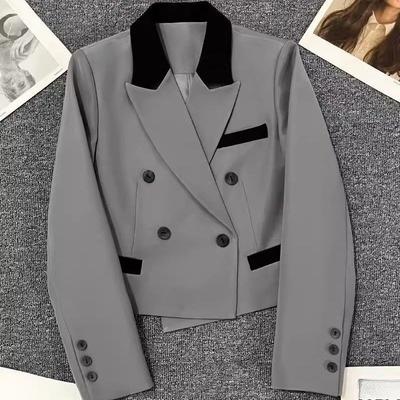 Frühling Herbst Mode Kurzer Grauer Blazer für Damen Slim Fit Lässig Trendig Bürokleidung