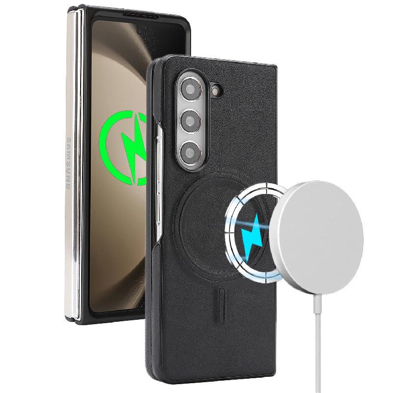 Samsung Z Fold7 Magnetické kožené pouzdro-peněženka s bezdrátovým nabíjením a sametovým vnitřkem