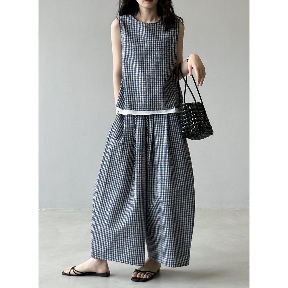 

Johnature Korean Checked Vest Suits Summer Loose Wide-leg Slacks Women Casual Two-piece Sets M синий