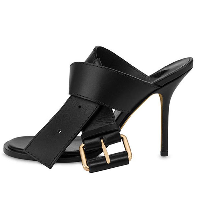 Soleist Women Summer High Heeled Shoes For Woman Big Buckle Round Toe Lather Thin Heels Sandals Ladies Sexy Peep Toe Belt Outdoors Pumps