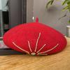 Winter French  Black Fleece Painter Artist Cheapeau Red 100% Wool Chunky Blingbling Diamonds Beret Girls Hat for Women