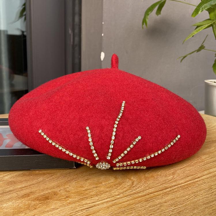 Winter French Black Fleece Painter Artist Cheapeau Red 100% Wool Chunky Blingbling Diamonds Beret Girls Hat for Women