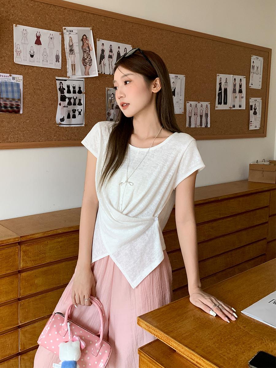 

Korean fashion button-up crew neck short-sleeved T-shirt women s summer thin micro-transparent slim-fitting waist beautiful small top S белый