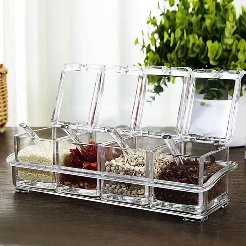 Convenient Seasoning Container 4 Compartment Condiment Storage Box Transparent Spices Container Organization Tool