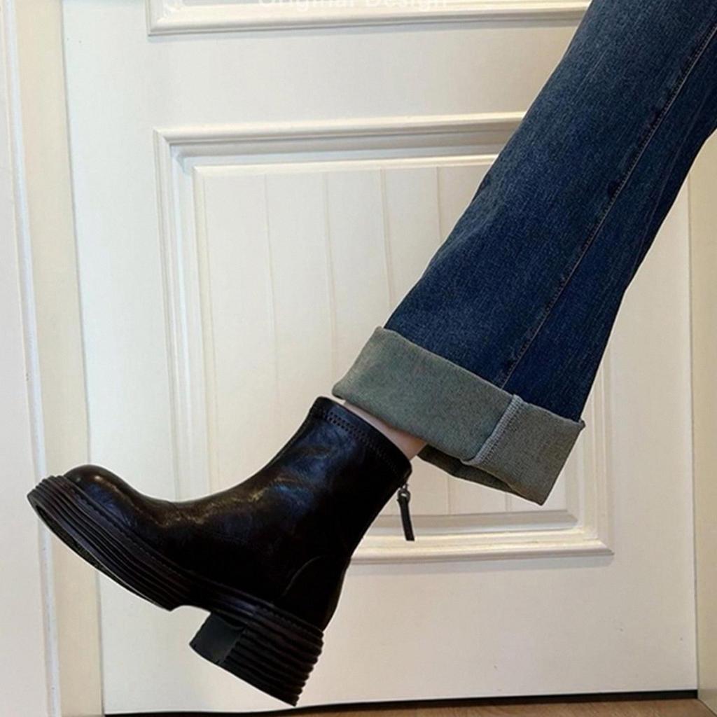 Cowhide Edition~ Platform Short Boots Women's 2025 Autumn and Winter New Versatile High Heel Chelsea Martin Boots Thick Heel Skinny Boots