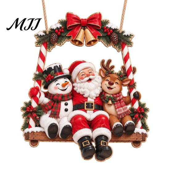 Rustic Christmas Home Accents Santa Claus Hanging Ornaments, Wooden Pendant with Hemp Xmas Party Supplies Rope, Vintage Wall Decoration for