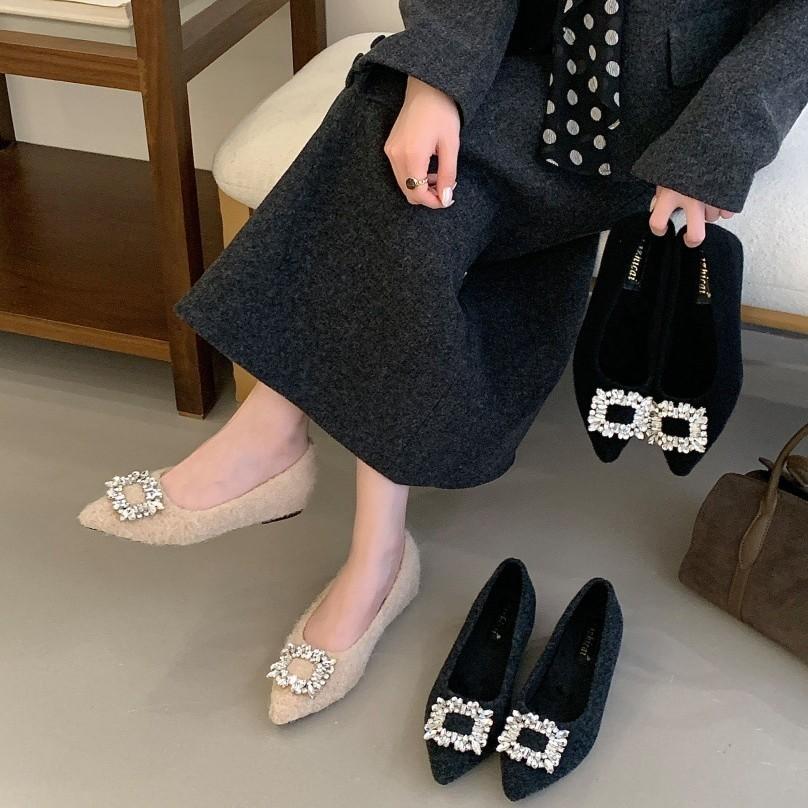 2025 autumn and winter new round head rhinestone buckle mink hairy thick heel foot cover plush warm women's cotton shoes