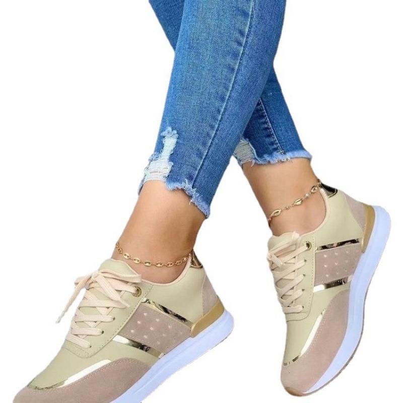 New spring large-size women's shoes color matching casual gold sequins hollow lace-up sports shoes women