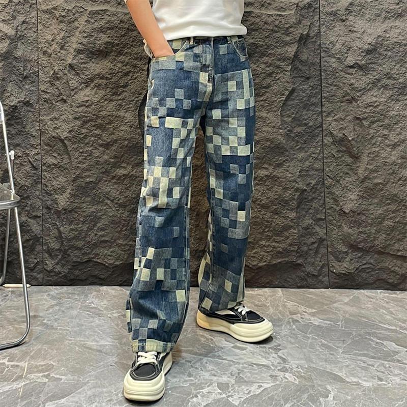 JYL Men's Checkered Jeans Winter High-Street Fashion Straight Casual Denim Pants