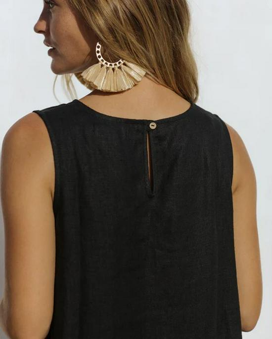Summer Cotton Linen Solid Color Sleeveless Irregular Round Neck Long Dress