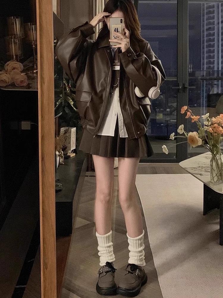 Maillard Women's Retro Brown PU Leather Motorcycle Jacket - Spring/Autumn Windproof Coat