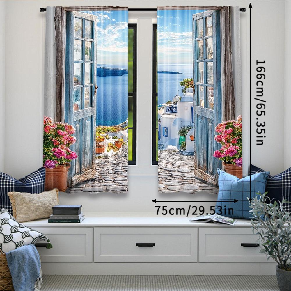 2Pcs Beach Ocean Curtain Landscape Santorini Seaside Coastal European Scenery Rustic Window Drapes Modern Simplistic Curtain