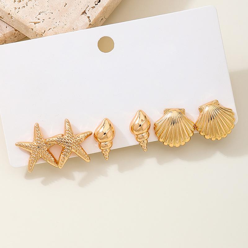 3 Pairs Fashion Holiday Beach Starfish Shell Stud Earrings Sets for Women Vacation Style Summer Geometric Jewelry Party Gift