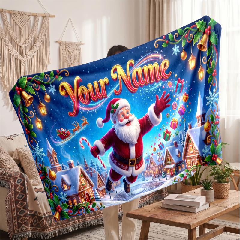 Christmas Custom Name Printed Flannel Blanket Warm Comfort Bed Throw Home Decor Holiday Gift