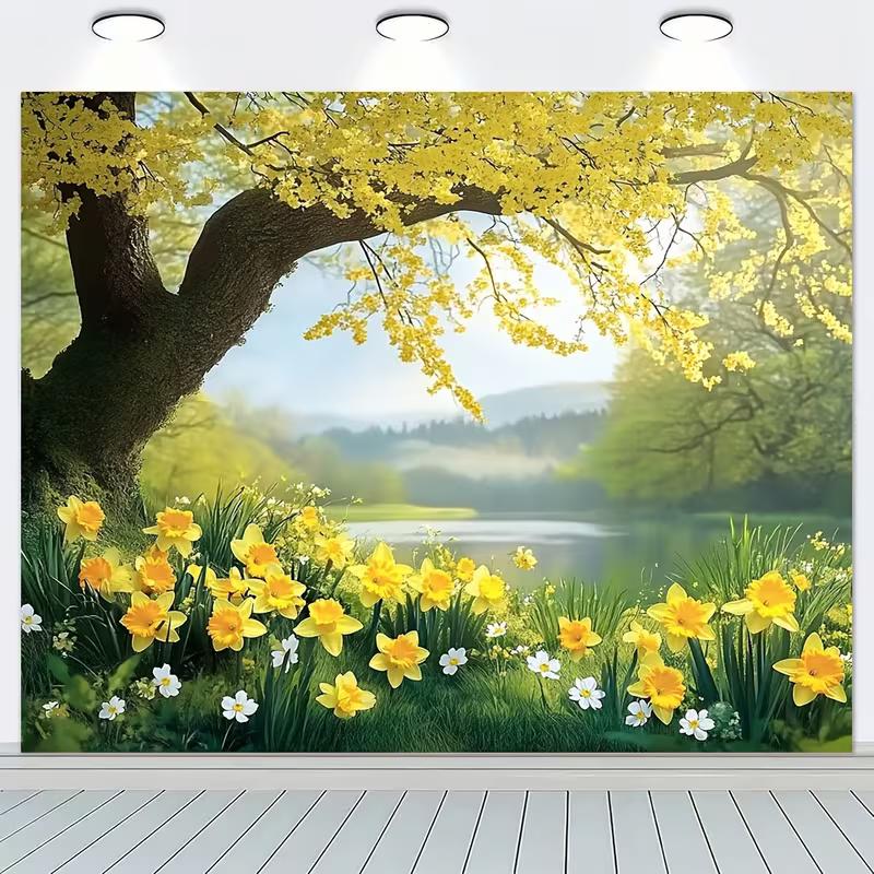 2D Spring Yellow Flower Tree Lake Daffodil Nature Backdrop