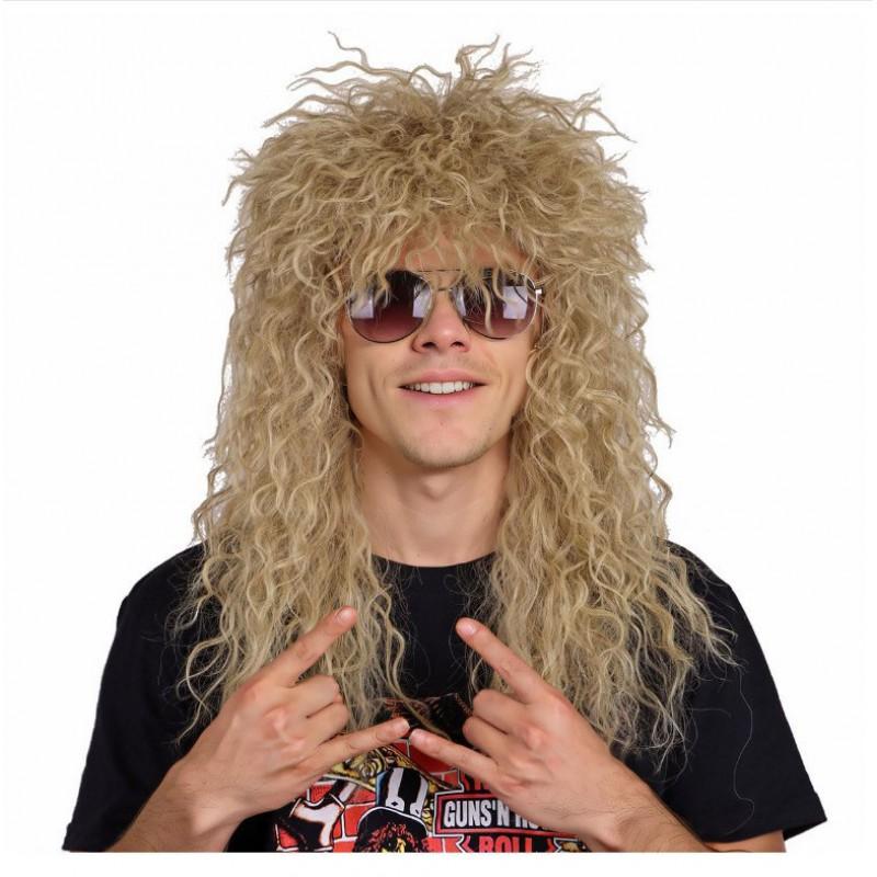 Mens Long White Curly Wig 80s Style Heavy Metal Rock Cosplay Synthetic