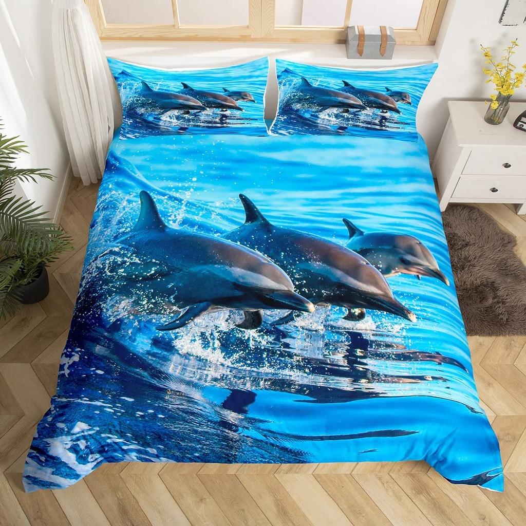 Dolphin Duvet Cover Set Cute Kawaii Wild Animals King Queen Full Size Polyester Bedding For Kids Boys Girls