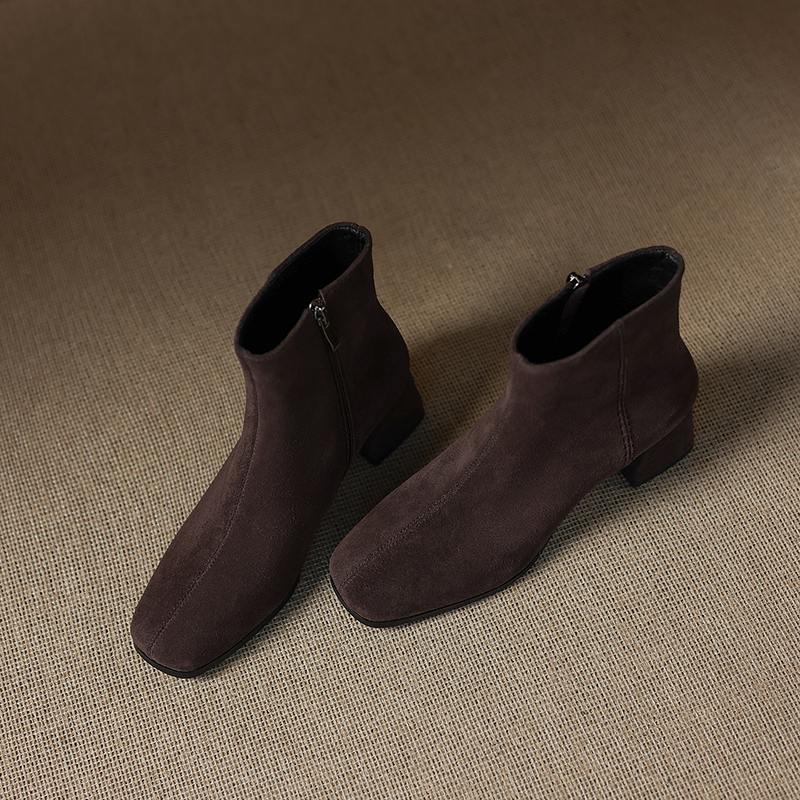 Krazing Pot 2026 cow suede nubuck Winter Square Toe Chunky Heels Chelsea Fashion Boots Women Zip Retro Women Ankle Boots