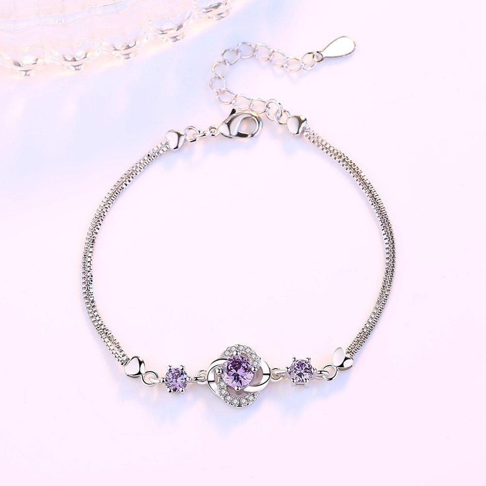 

925 Sterling Silver New Women s Fashion Jewelry Purple Crystal Zircon Four-leaf Clover Flower Bracelet Length 16+3.5CM