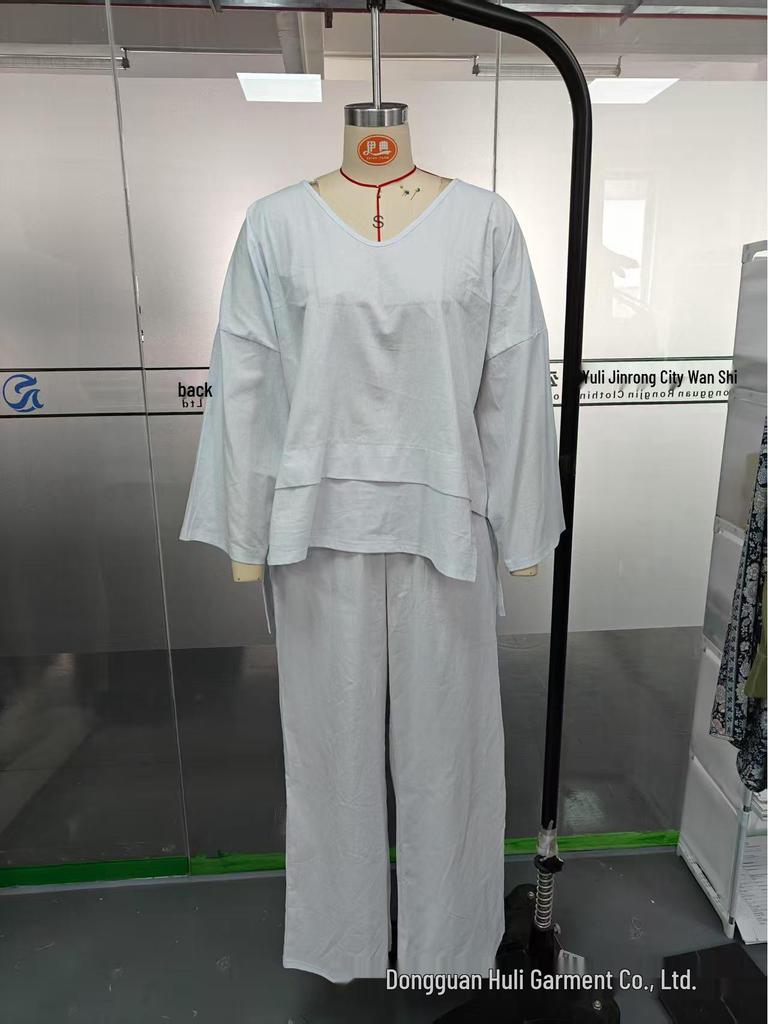 2025 Euro-American Style Solid Color Casual Two-Piece Set: Crew Neck Top & Mid-Waist Pocket Pants