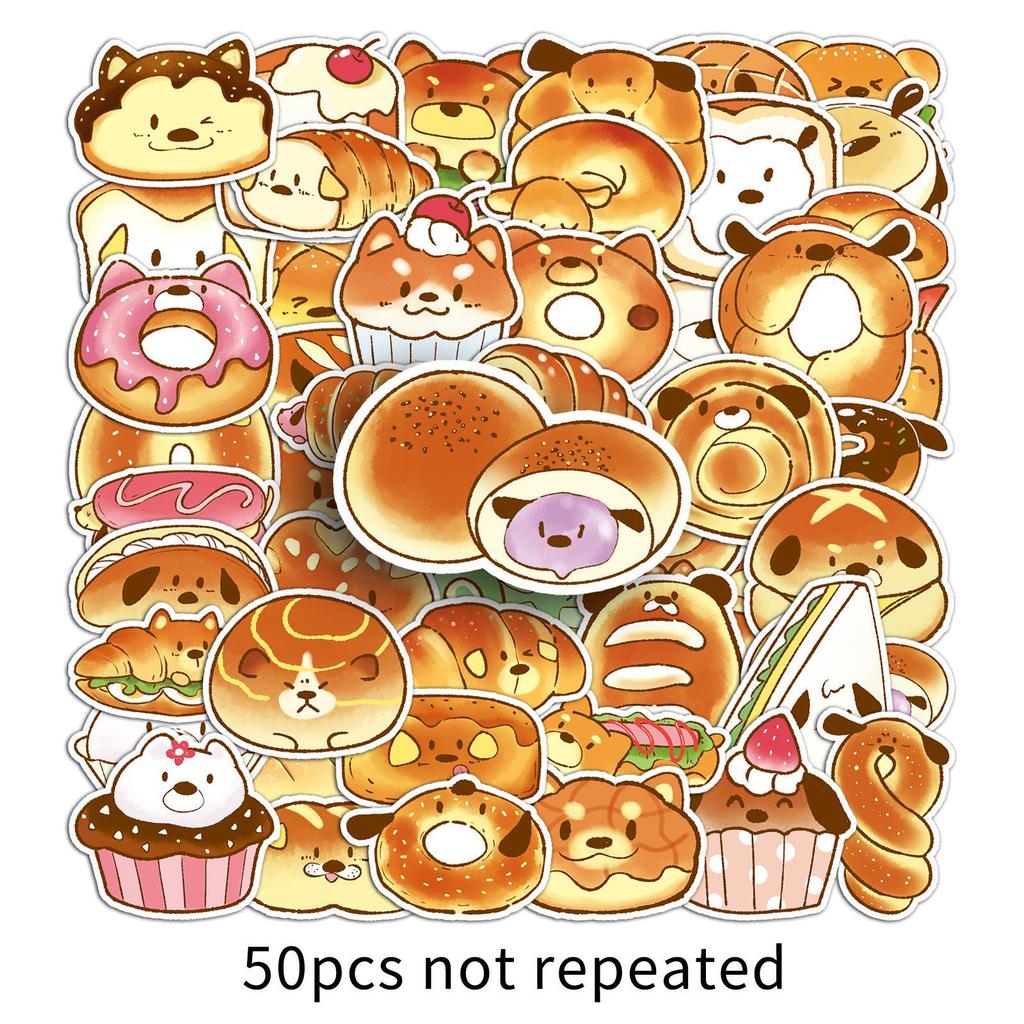 50 Hand-drawn Bread Dog Graffiti Stickers: Cute Cartoon Dessert Designs for Water Bottles, Phones, and Journals.